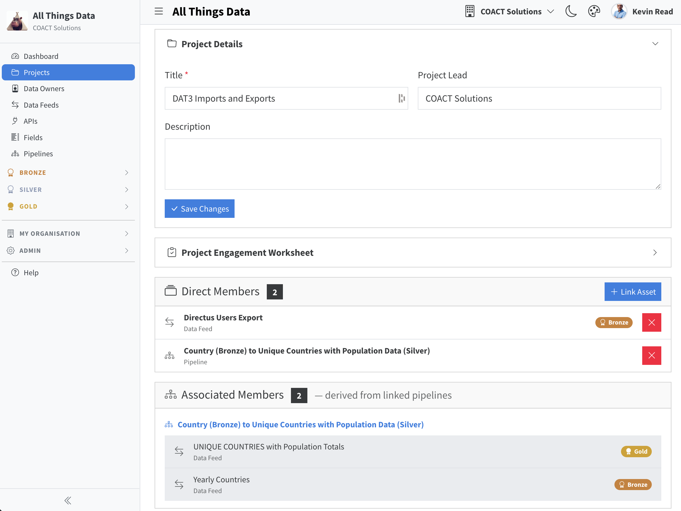 Project detail view showing linked data assets and team members